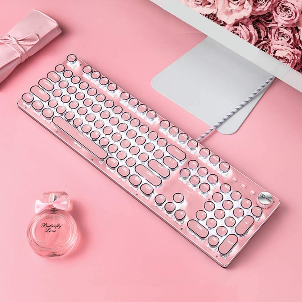 Pink Gaming Mechanical Keyboard Green Switches White Backlight, USB