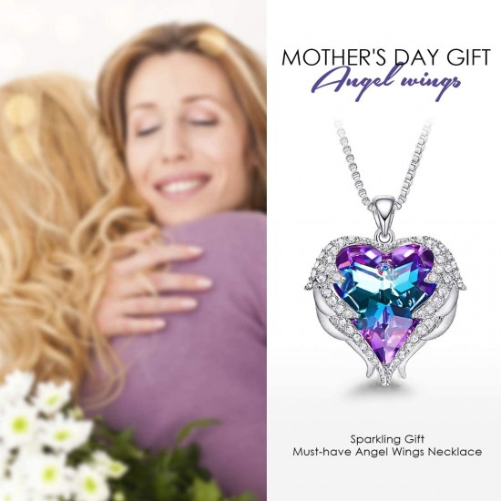 Women Angel Wing Swarovski Crystal Pendant Necklace Heart of Ocean