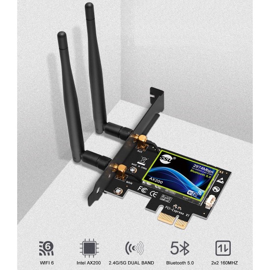 AX PCI WiFi Card WiFi 6 Dual Band 3000 Mbps AX200 PCIE Wireless WiFi Card with Bluetooth 5.1