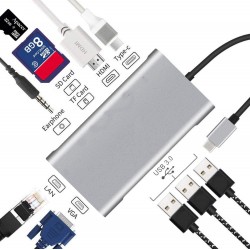 USB HUB C 10 in 1 Type C Adapter Dock 3 USB 3.0 Port 4K HDMI 1080P VGA RJ45 Ethernet