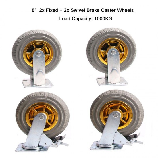 4x 8" Heavy Duty Industrial Swivel Brake Caster Tyre Tyres Wheel Wheels Castor 1000KG Trolley