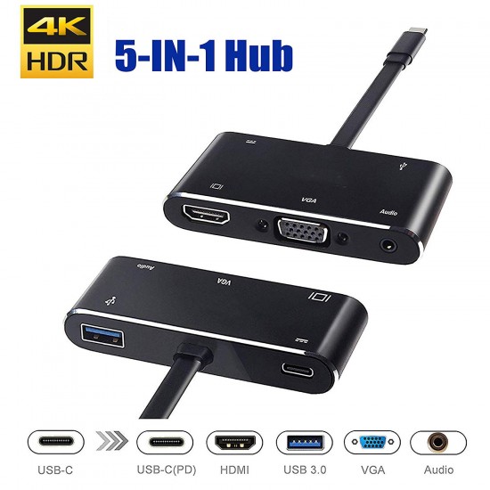 5in1 USB C to HDMI VGA Hub Adapter Type C to HDMI USB3.0 Port Dongle Converter
