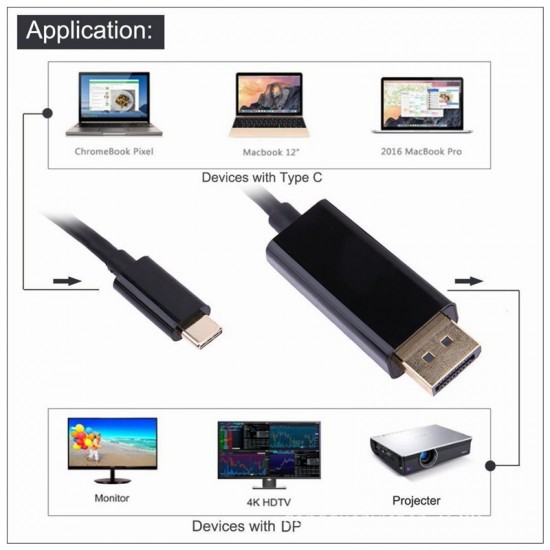 1.8M Type C USB-C Thunderbolt 3 to Display port DP Cable Male to Male Converter