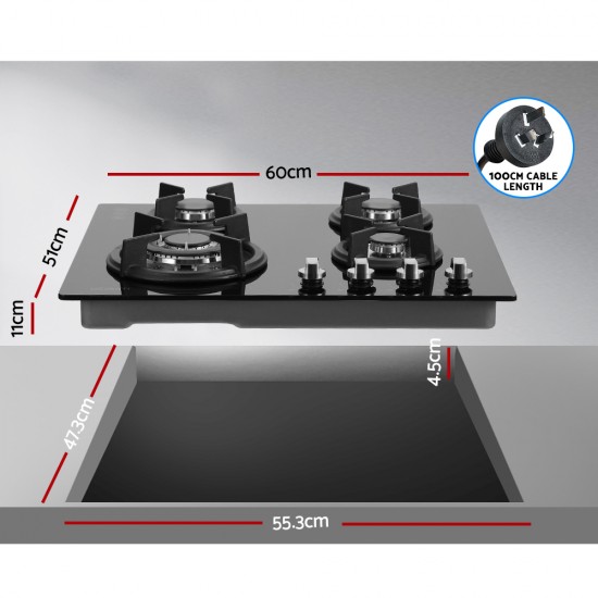 Gas Cooktop 60cm 4 Burner Ceramic Glass Cook Top Stove Hob Cooker LPG NG Black Gas Cooktop 60cm 4 Burner Ceramic Glass Cook Top Stove Hob Cooker LPG NG Black