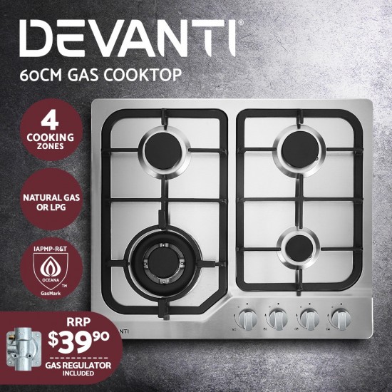 Gas Cooktop 60cm Gas Stove Cooker 4 Burner Cook Top Konbs NG LPG Steel Gas Cooktop 60cm Gas Stove Cooker 4 Burner Cook Top Konbs NG LPG Steel