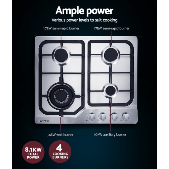 Gas Cooktop 60cm Gas Stove Cooker 4 Burner Cook Top Konbs NG LPG Steel Gas Cooktop 60cm Gas Stove Cooker 4 Burner Cook Top Konbs NG LPG Steel