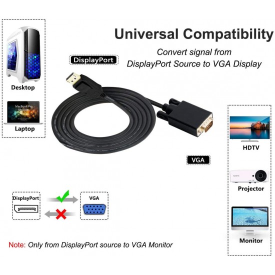 1.8M Display Port DP Male To VGA/M Cable Converter Connector Adaptor