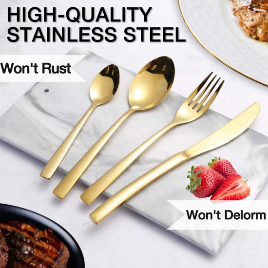 24-Piece Stainless Steel Gold Set, Knife Fork Spoon Flatware Set Cutlery Set, Mirror Finish 24-Piece Stainless Steel Gold Set, Knife Fork Spoon Flatware Set Cutlery Set, Mirror Finish