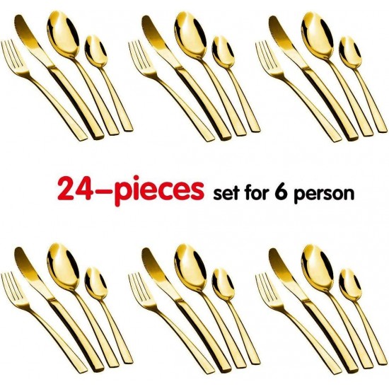 24-Piece Stainless Steel Gold Set, Knife Fork Spoon Flatware Set Cutlery Set, Mirror Finish 24-Piece Stainless Steel Gold Set, Knife Fork Spoon Flatware Set Cutlery Set, Mirror Finish