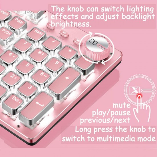 Pink Gaming Mechanical Keyboard Green Switches, White Backlight, USB Wired Laptop Desktop Computer