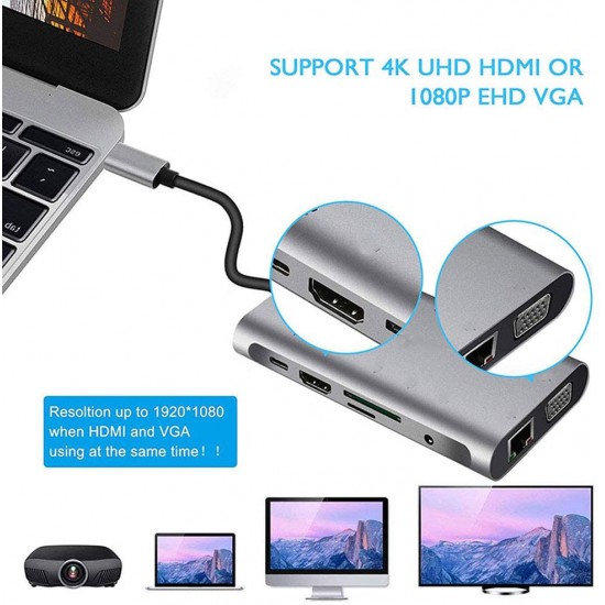 USB HUB C 10 in 1 Type C Adapter Dock 3 USB 3.0 Port 4K HDMI 1080P VGA RJ45 Ethernet