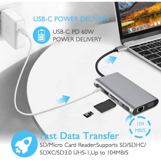 USB HUB C 10 in 1 Type C Adapter Dock 3 USB 3.0 Port 4K HDMI 1080P VGA RJ45 Ethernet