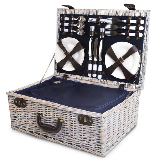 Alfresco 6 Person Wicker Picnic Basket and Cooler Bag- Navy and White Alfresco 6 Person Wicker Picnic Basket and Cooler Bag- Navy and White