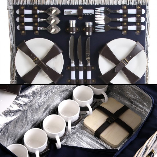 Alfresco 6 Person Wicker Picnic Basket and Cooler Bag- Navy and White Alfresco 6 Person Wicker Picnic Basket and Cooler Bag- Navy and White