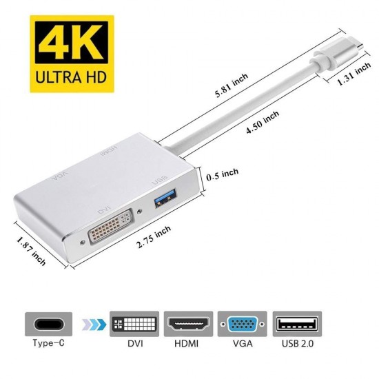 4in1 USB 3.1 Type-C Hub to HDMI  Video Adapter 4K Male to Female Converter