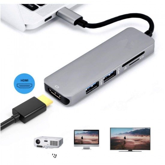 5IN1 USB Type C Hub Thunderbolt 3 to HDMI Adapter USB 3.0 SD/TF Card Reader