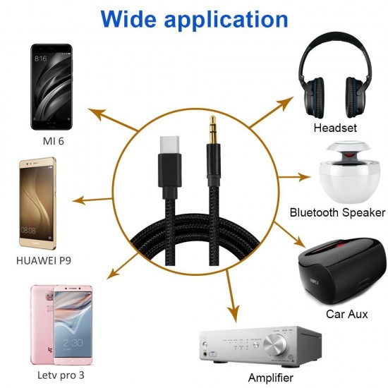 Type C USB 3.1 Male to 3.5mm Male Adapter Cable Braided to 3.5mm Male Aux Stereo