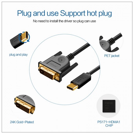 1.8M USB Type C USB-C Thunderbolt 3 to DVI Cable Male to Male Converter